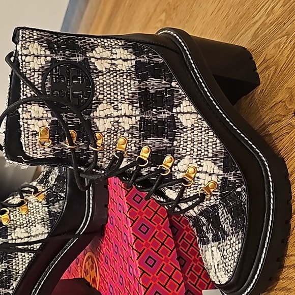 Tory Burch Miller 90mm Lug Sole Bootie - black and white tweed - Picture 2 of 5